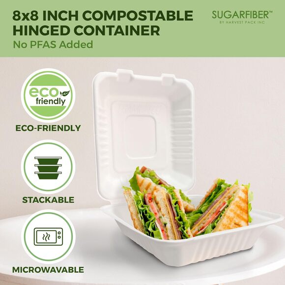 50 Pack 8x8 Compostable Clamshell Food Containers PFAS Free Bagasse Hinged Box - Picture 7 of 10
